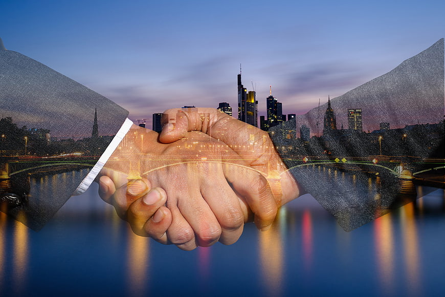 Business Handshake Double Exposure City Skyline