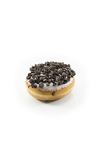 Chocolate Crumb Donut with White Icing on White Background