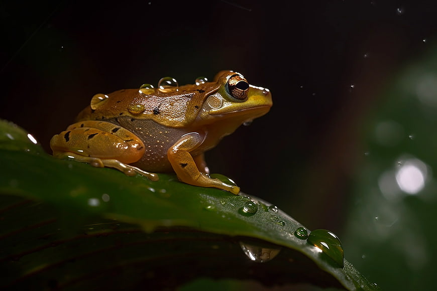 Close-up of a golden frog with water droplets on a leaf