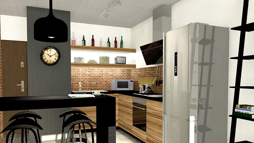 Modern Kitchen Interior Design with Brick Wall and Wooden Cabinets