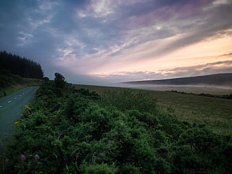 Winding Country Road Through Misty Hills at Dusk