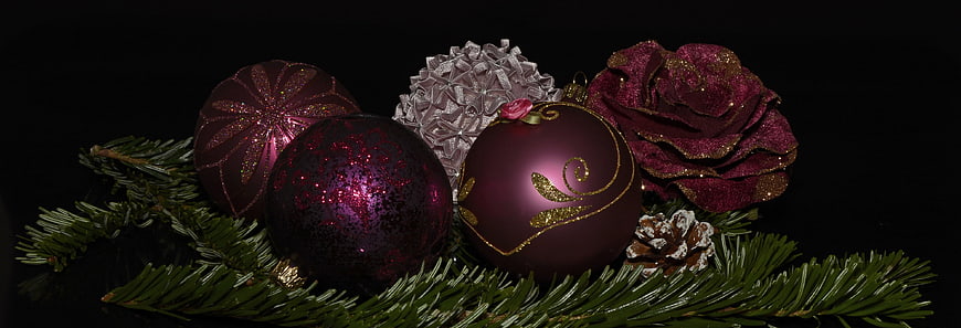 Luxury burgundy Christmas ornaments on fir branches and black background