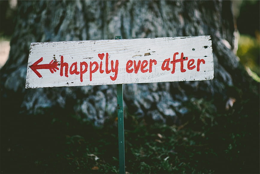 Rustic wooden sign reading happily ever after with arrow
