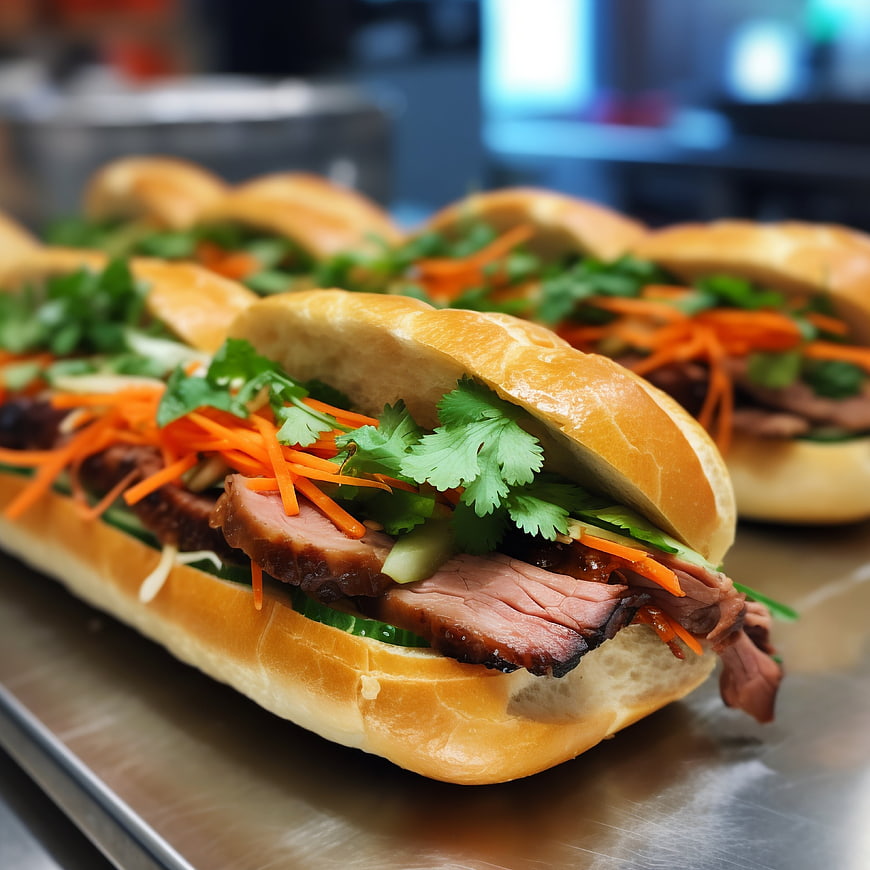 Close-up of Vietnamese Banh Mi Sandwiches with Pork