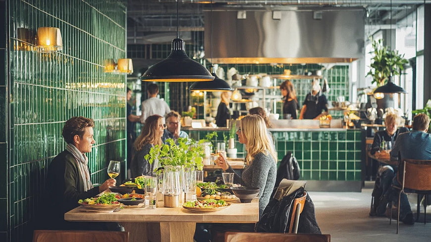 Couple Dining in Modern Green Tiled Restaurant Interior