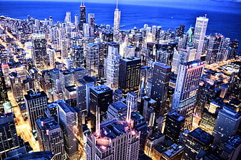 Chicago Cityscape at Night Aerial View
