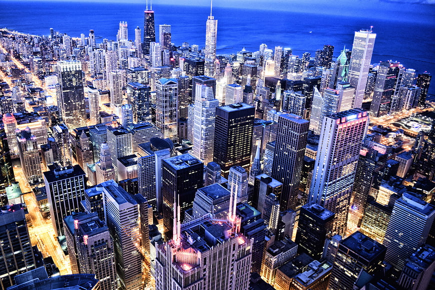 Chicago Cityscape at Night Aerial View