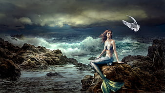 Fantasy mermaid sitting on coastal rocks with dramatic ocean waves and flying dove