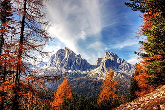 Autumn Dolomites Mountain Landscape with Orange Larch Trees