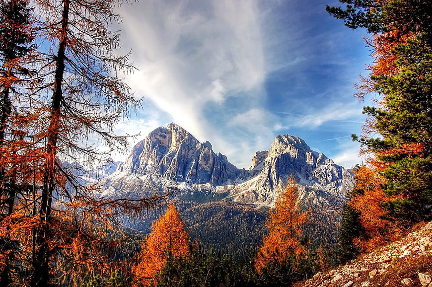 Autumn Dolomites Mountain Landscape with Orange Larch Trees