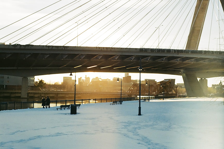 Winter Cityscape Under Cable-Stayed Bridge with Snowy Park