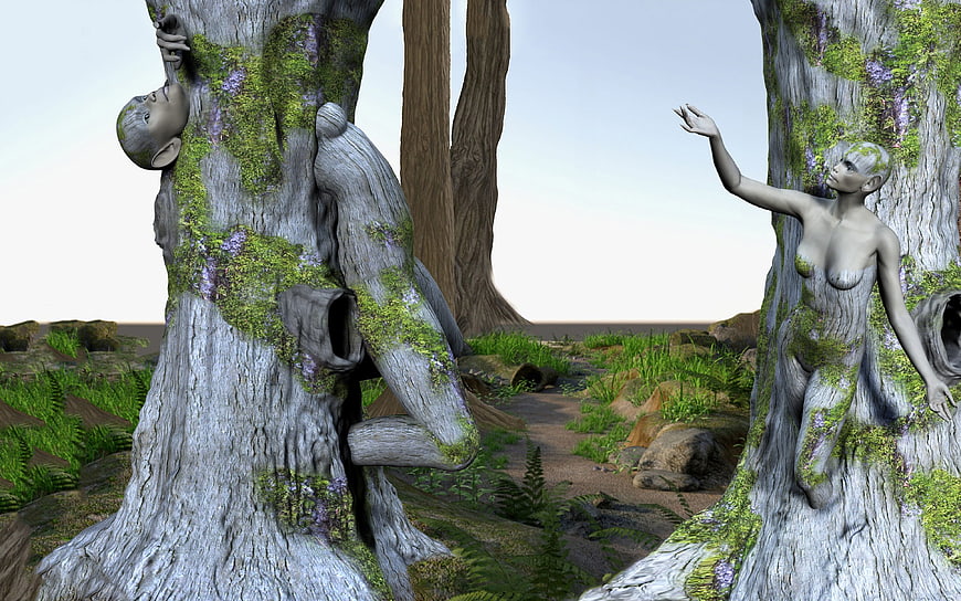 Fantasy 3D Art of Mossy Tree People in Enchanted Forest