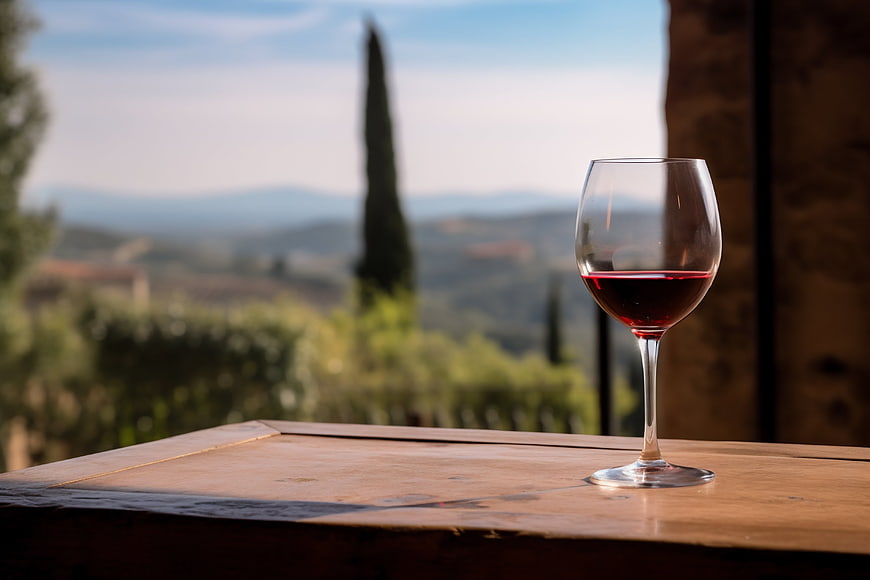 Glass of red wine on wooden table with Tuscan landscape background