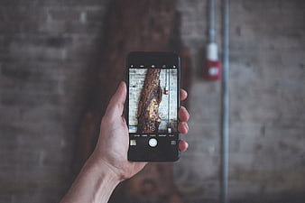 Hand holding smartphone taking photo of rustic interior