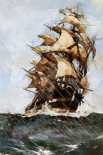 Vintage Sketch of Tall Ship in Stormy Sea