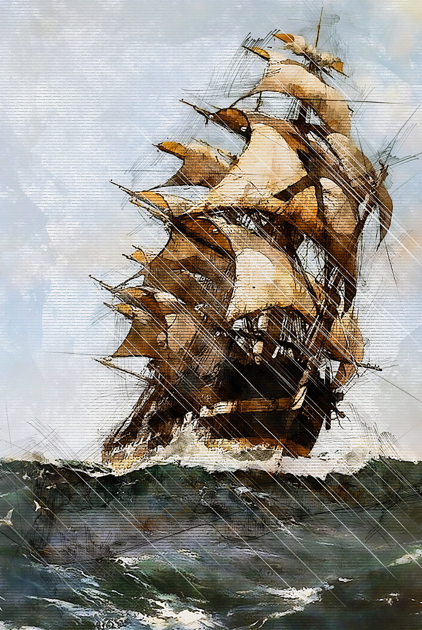 Vintage Sketch of Tall Ship in Stormy Sea