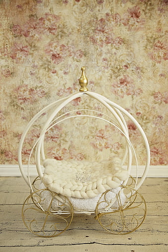 White and gold baby carriage with crown on floral background