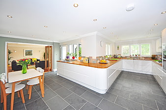Modern open-plan kitchen with island and dining area