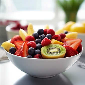 Fresh mixed fruit salad with kiwi, berries, and pineapple in a white bowl