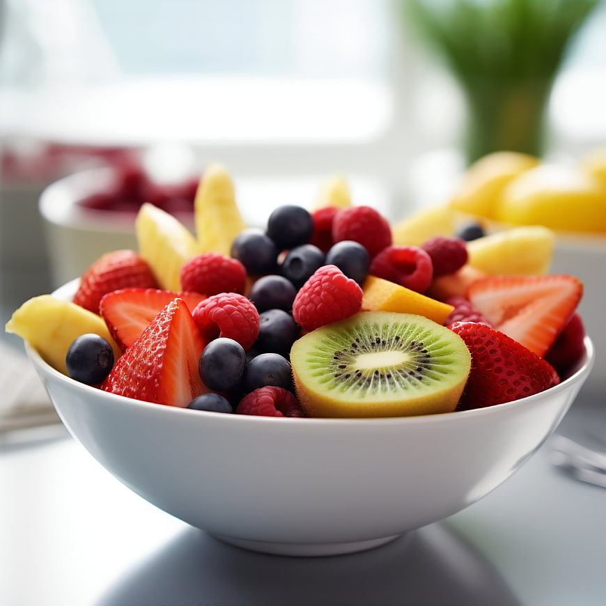 Fresh mixed fruit salad with kiwi, berries, and pineapple in a white bowl