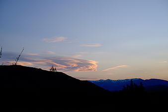 Silhouette of mountains against a sunset sky with clouds