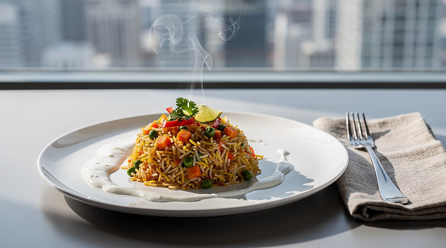 Steaming Vegetable Biryani with Yogurt Sauce on White Plate