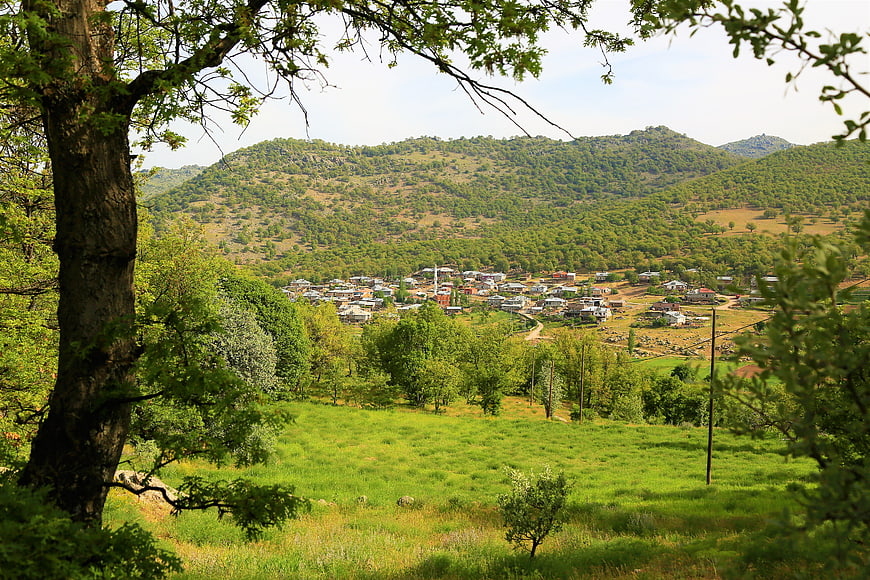 Scenic View of Rural Village Nestled in Green Hills