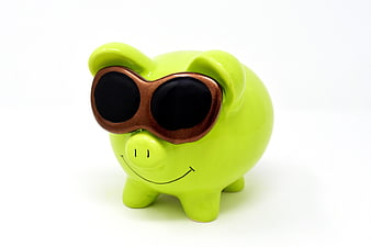 Lime Green Ceramic Piggy Bank Wearing Brown Sunglasses
