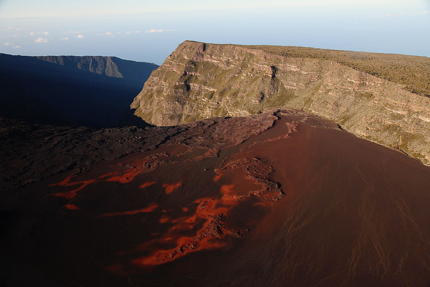Aerial View of Volcanic Caldera with Glowing Lava Flows