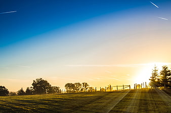 Golden Sunrise Over Rolling Green Meadow with Fence