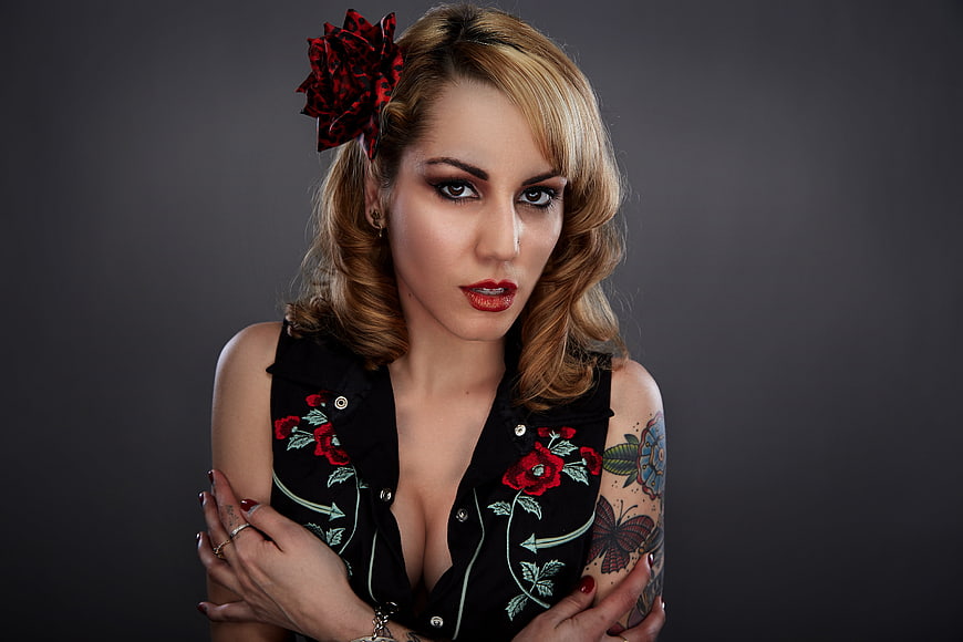 Vintage Style Tattooed Woman Portrait with Red Lipstick