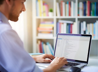 Man typing on laptop in home office with bookshelf background