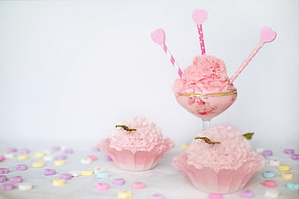 Pink Valentine's Day Dessert with Ice Cream and Cupcakes