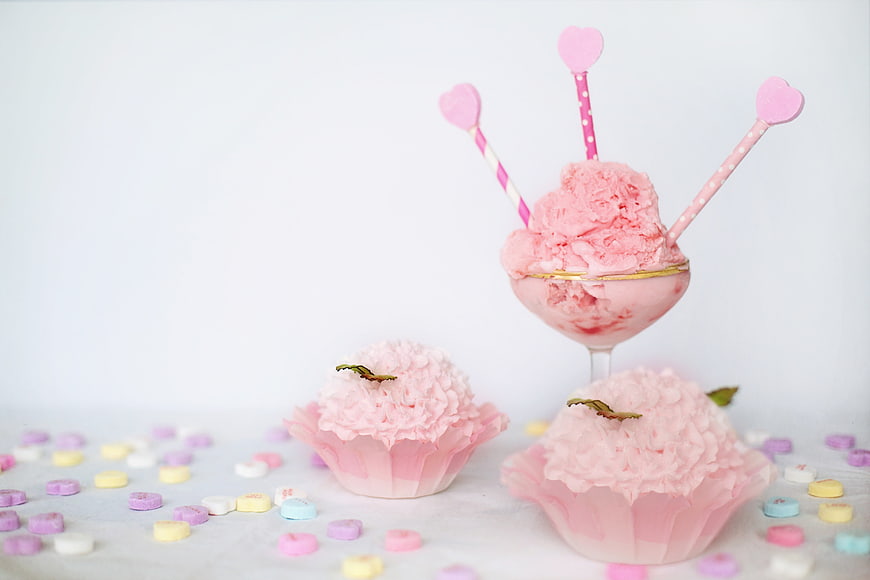 Pink Valentine's Day Dessert with Ice Cream and Cupcakes