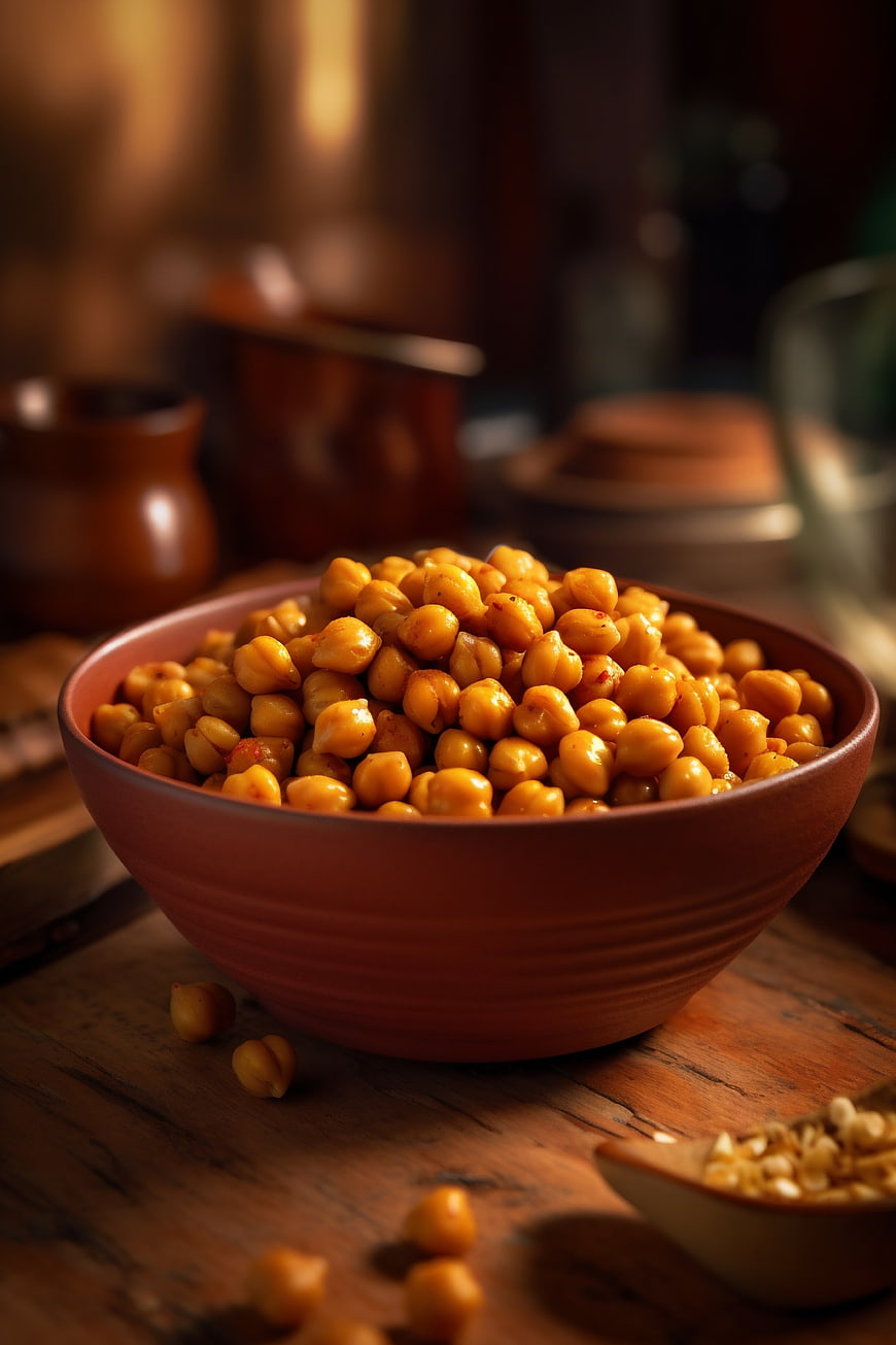 Bowl of Spiced Roasted Chickpeas on Wooden Table