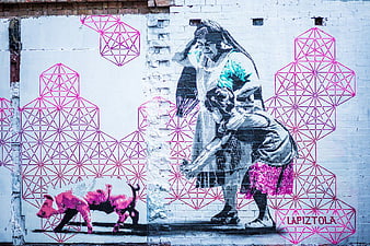 Pink Geometric Graffiti Art of Woman and Child on Brick Wall
