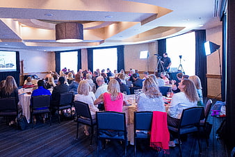 Corporate conference presentation with audience in hotel ballroom