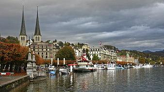 Lucerne Switzerland Lake View with Church Spires and Boats