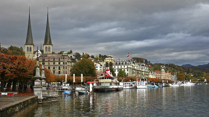 Lucerne Switzerland Lake View with Church Spires and Boats