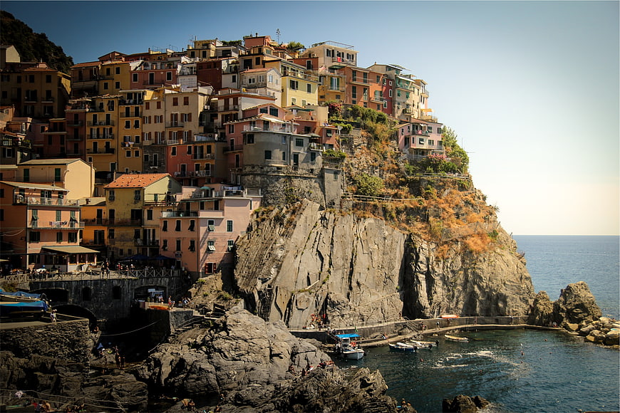 Colorful cliffside village overlooking the Mediterranean sea