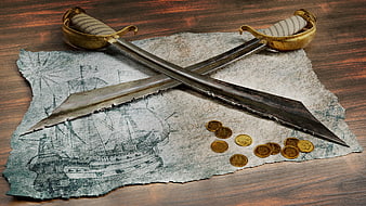Crossed pirate swords on vintage treasure map with gold coins