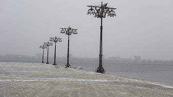 Foggy Winter Promenade with Vintage Street Lamps and Seagulls