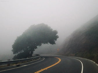 Winding Mountain Road Disappearing into Thick Fog