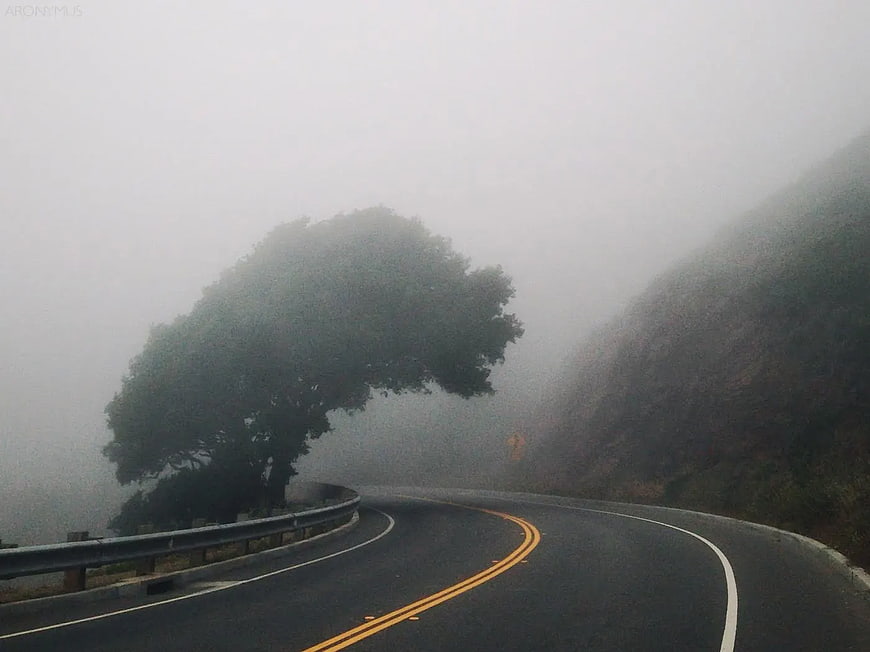 Winding Mountain Road Disappearing into Thick Fog