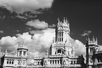 Black and white architecture of Palacio de Cibeles in Madrid