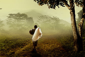 Fisherman walking with net in misty mountain landscape