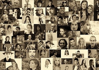 Sepia photomontage of diverse human faces and portraits