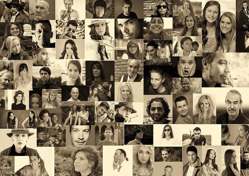 Sepia photomontage of diverse human faces and portraits