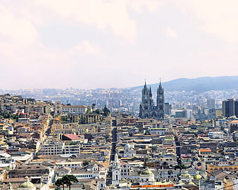 Aerial Panorama of Quito City Center and Cathedral in Ecuador