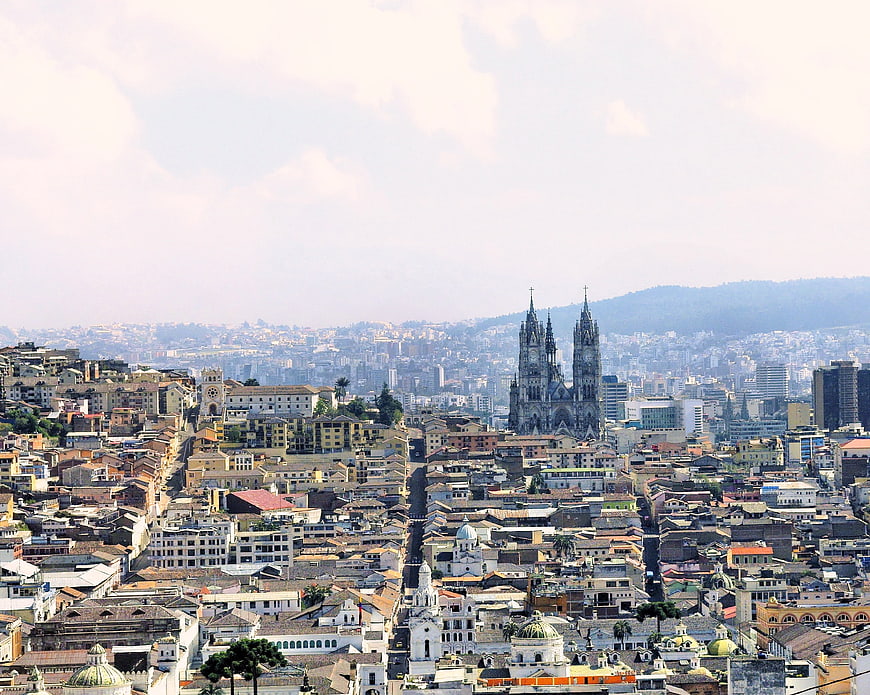 Aerial Panorama of Quito City Center and Cathedral in Ecuador